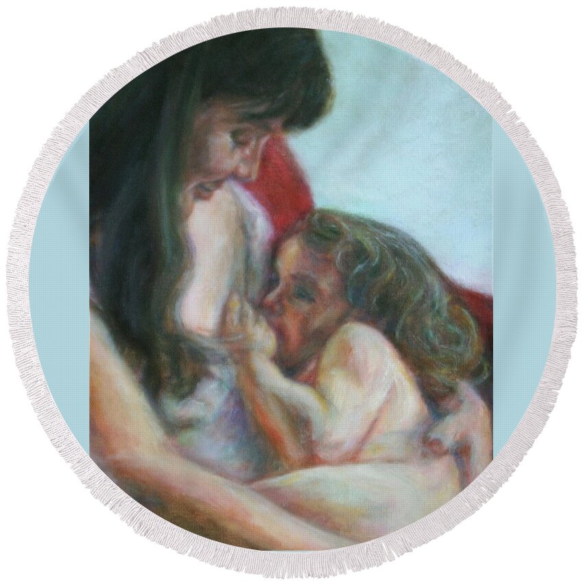 Portrait Round Beach Towel featuring the painting Mother and Child - detail by Quin Sweetman