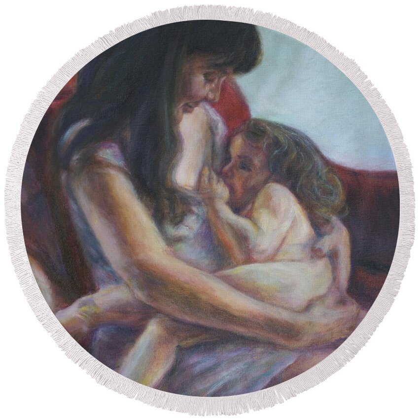 Portrait Round Beach Towel featuring the painting Mother and Child by Quin Sweetman