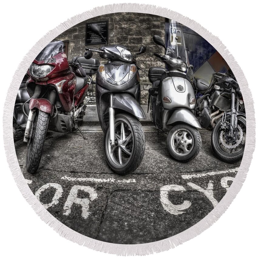 Motorcycle Round Beach Towel featuring the photograph Motor Cycles by Evelina Kremsdorf