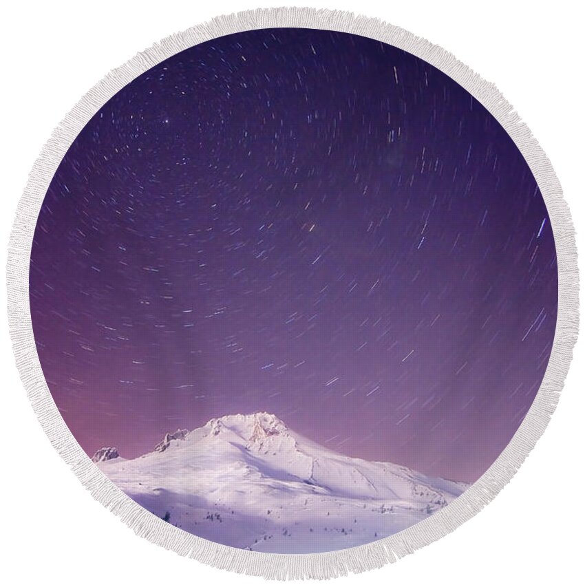  Snowfall Round Beach Towel featuring the photograph Mount Hood and Stars by Darren White