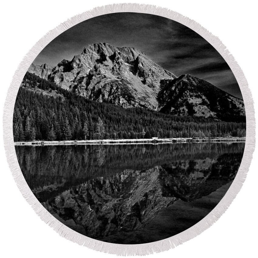 Mount Moran In Black And White Round Beach Towel featuring the photograph Mount Moran in Black and White by Raymond Salani III