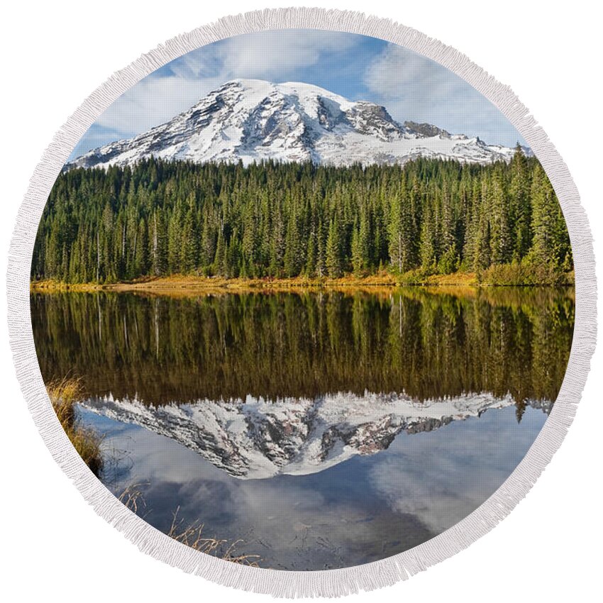 Autumn Round Beach Towel featuring the photograph Mount Rainier and Reflection Lakes in the Fall by Jeff Goulden