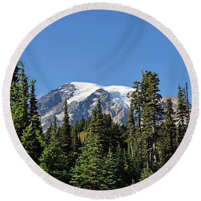 Fall Round Beach Towel featuring the photograph Mount Rainier Evergreens by Anthony Baatz
