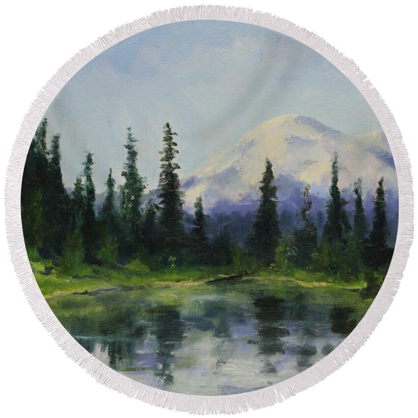 Mountains Round Beach Towel featuring the painting Picnic by the Lake by Maria Hunt