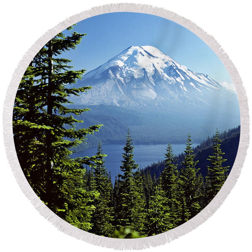 Mount St. Helens Round Beach Towel featuring the photograph Mount St. Helens And Spirit Lake by Thomas & Pat Leeson