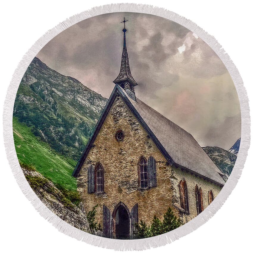 Switzerland Round Beach Towel featuring the photograph Mountain Chapel by Hanny Heim