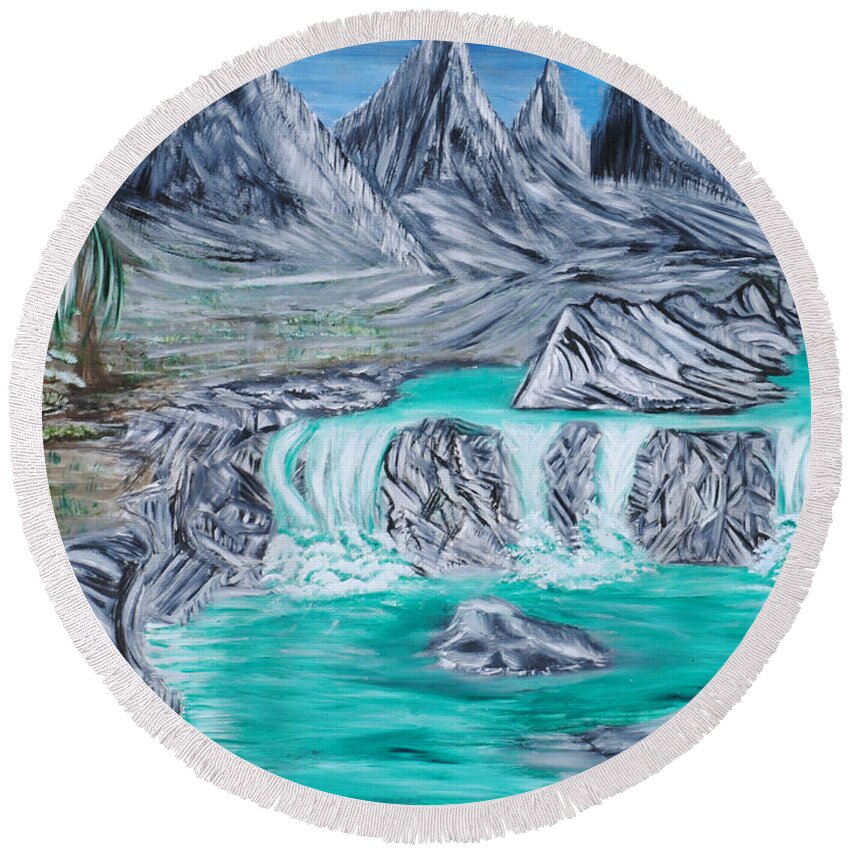 Mountains Round Beach Towel featuring the painting Mountain Falls by Suzanne Surber