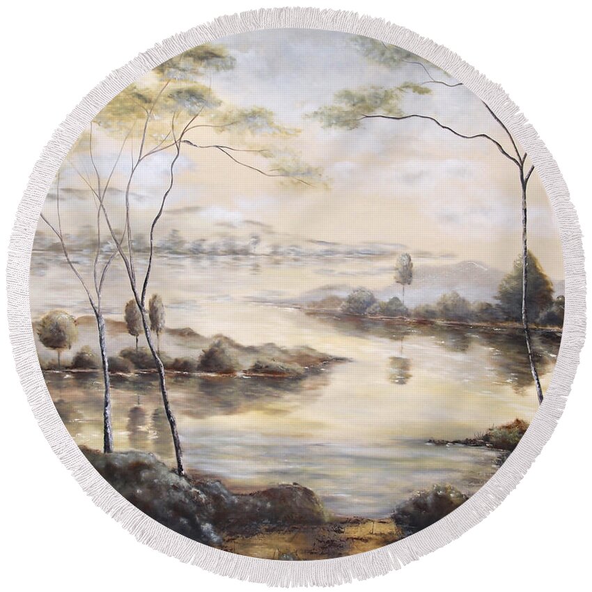Mountain Round Beach Towel featuring the painting Mountain Lake II by Katrina Nixon