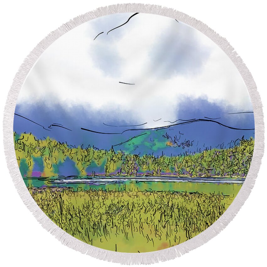 Mountain Round Beach Towel featuring the digital art Mountain Meadow Lake by Kirt Tisdale