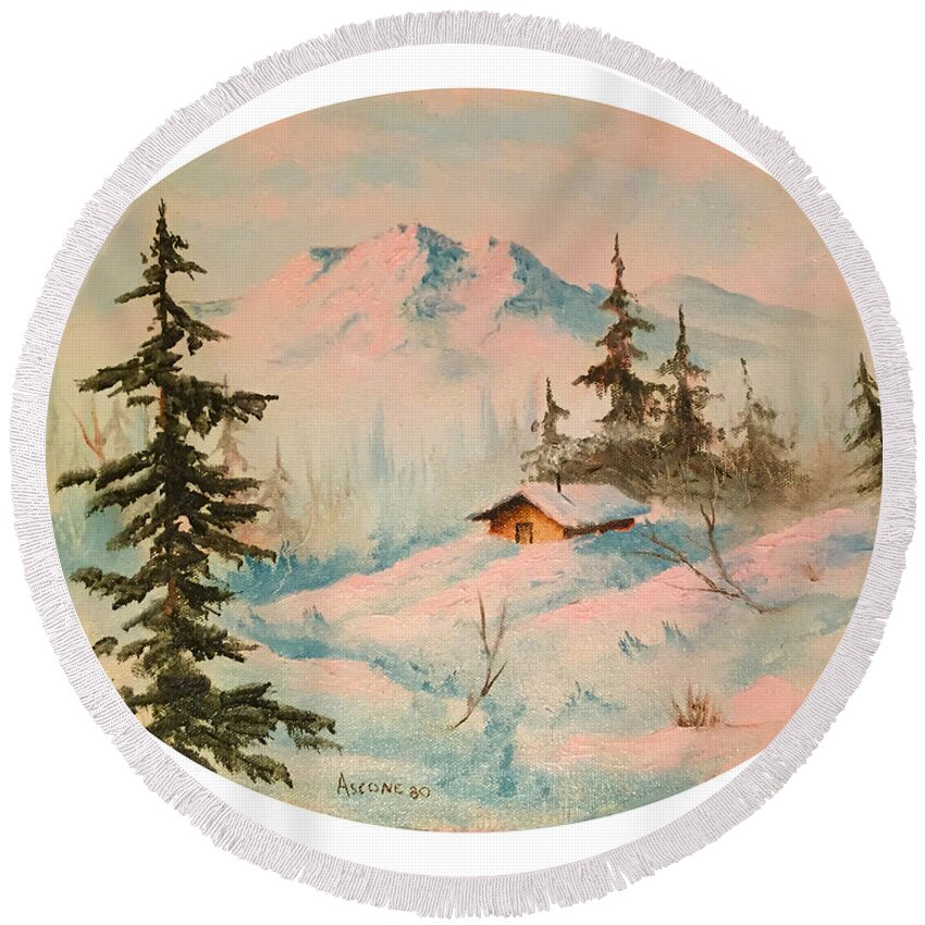 First Snow Round Beach Towel featuring the painting Mountain Overlook by Teresa Ascone