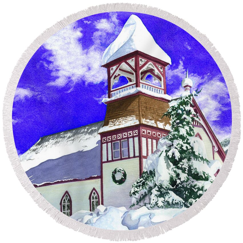 Church Round Beach Towel featuring the painting Mountain Sanctuary 2 by Barbara Jewell