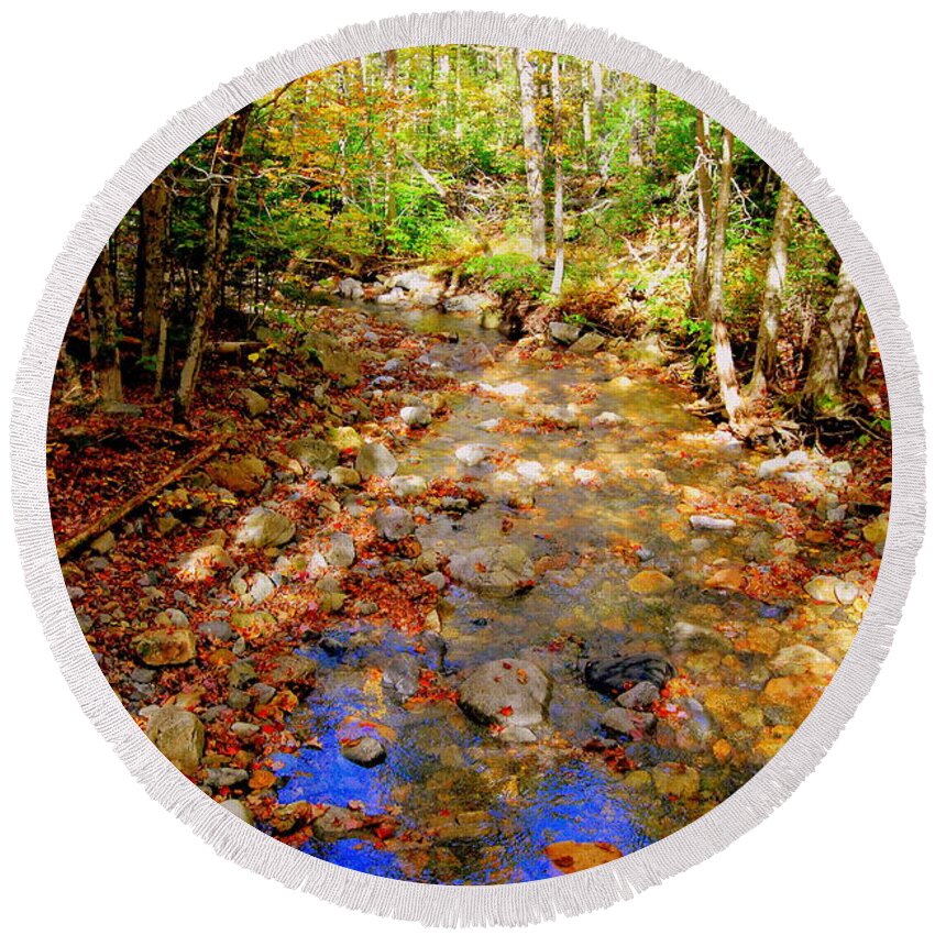 Mountain Streams Round Beach Towel featuring the photograph Mountain Stream Covered With Fall Leaves by Eunice Miller