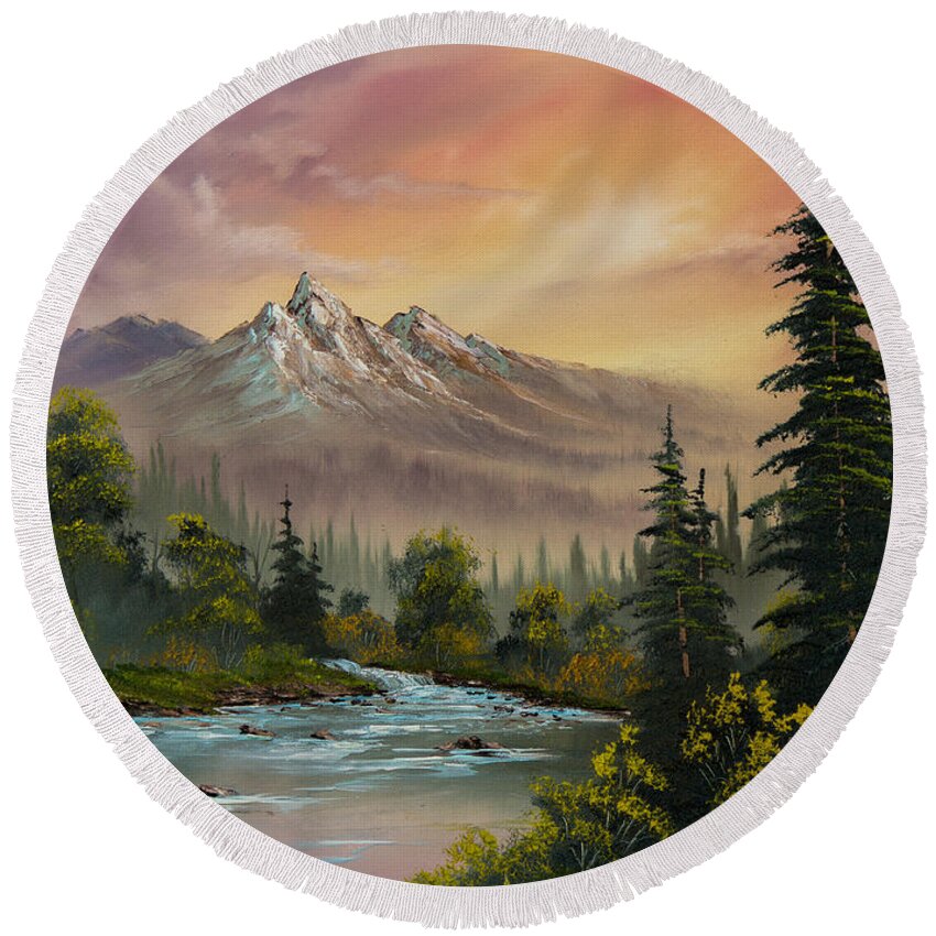 Landscape Round Beach Towel featuring the painting Mountain Sunset by Chris Steele