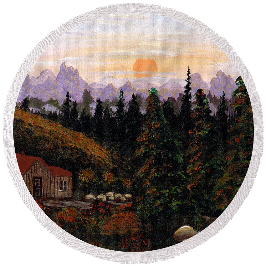 Barbara Griffin Round Beach Towel featuring the painting Mountain View by Barbara A Griffin