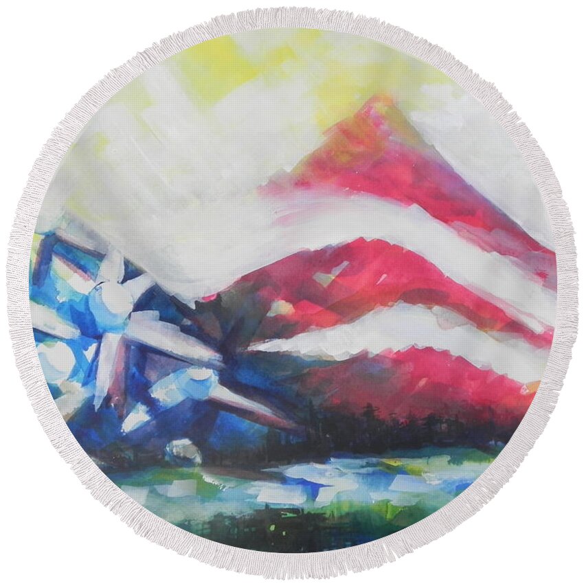 Watercolor Painting Round Beach Towel featuring the painting Mountains of Freedom Two by Chrisann Ellis