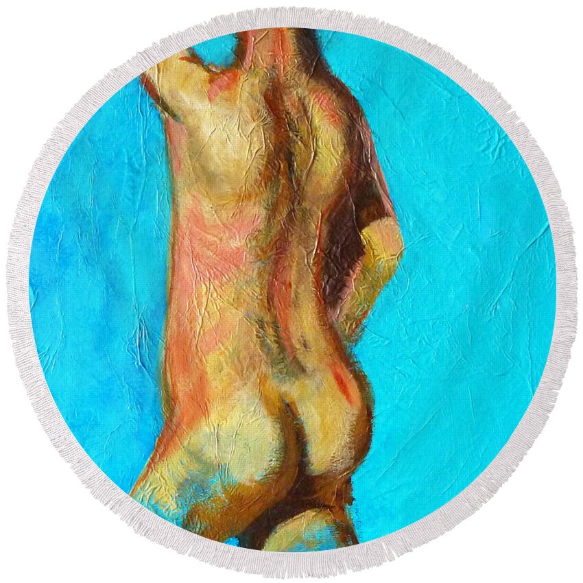 Abstract Male Torso Round Beach Towel featuring the painting Moving Forward by Nancy Merkle