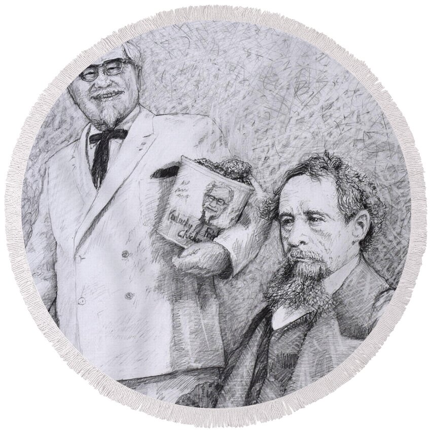 Charles Dickens Round Beach Towel featuring the drawing Mr Chicken and Mr Dickens by James W Johnson