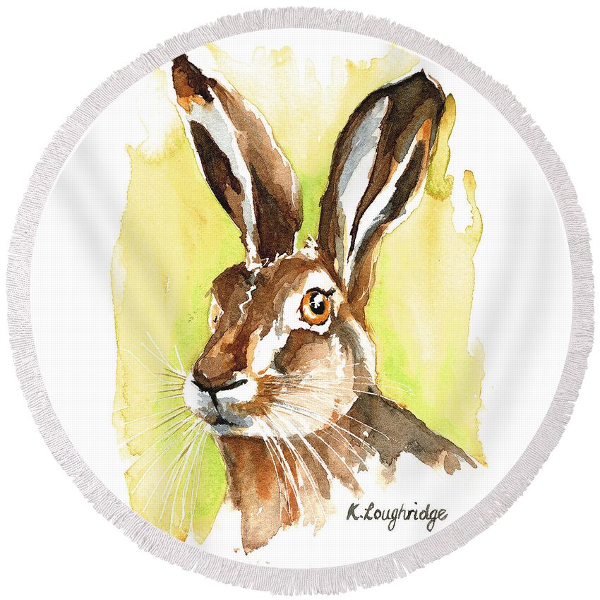 Hare Round Beach Towel featuring the painting Mr Hare by Karen Loughridge KLArt