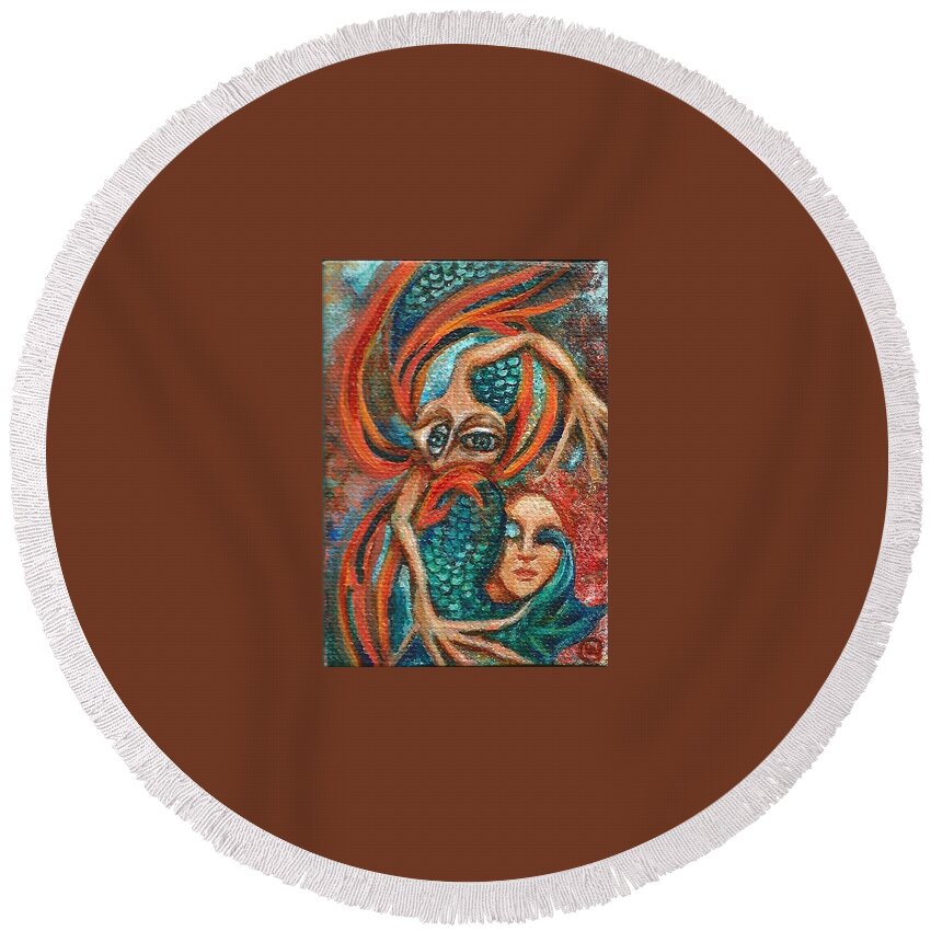Mermaid Round Beach Towel featuring the painting Mrs. Smith based on poem by Ogden Nash by Linda Markwardt