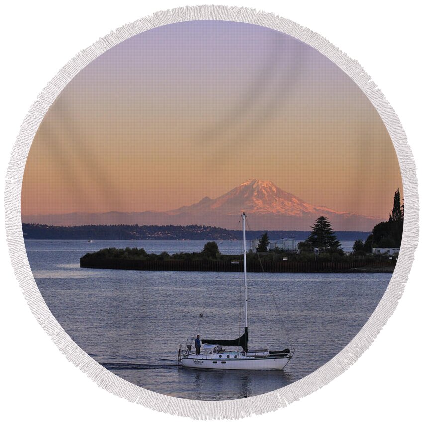 3scape Photos Round Beach Towel featuring the photograph Mt. Rainier Afterglow by Adam Romanowicz
