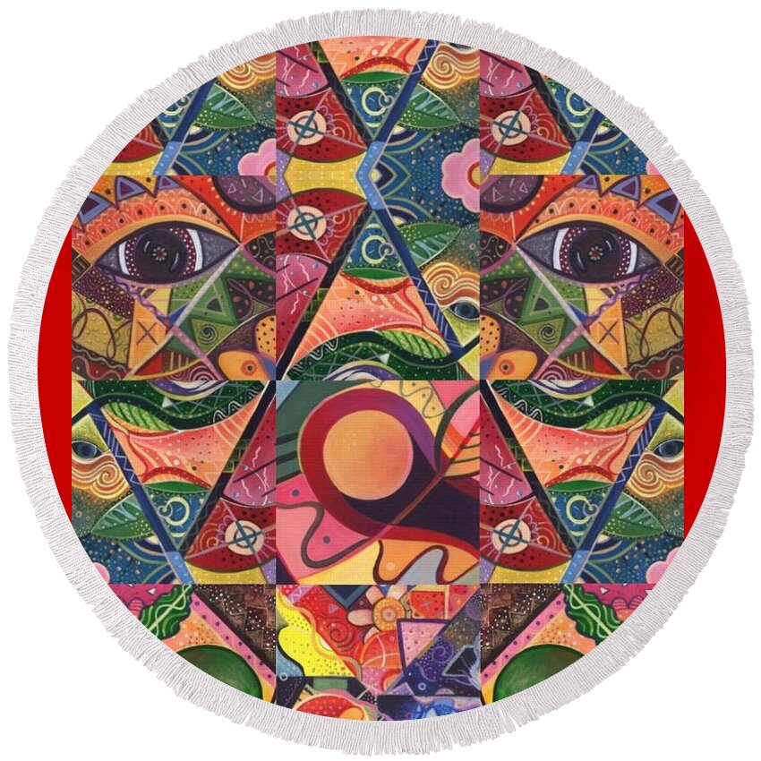 Much More Than A Face By Helena Tiainen Round Beach Towel featuring the painting Much More Than A Face - A Joy of Design Series Compilation by Helena Tiainen