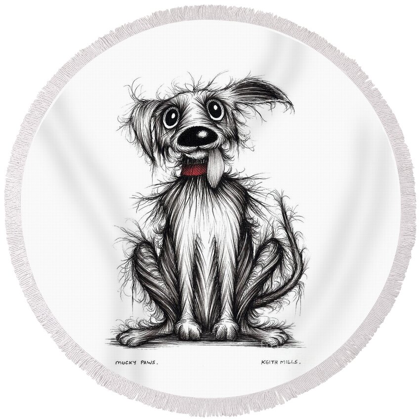 Mucky Dog Round Beach Towel featuring the drawing Mucky paws by Keith Mills