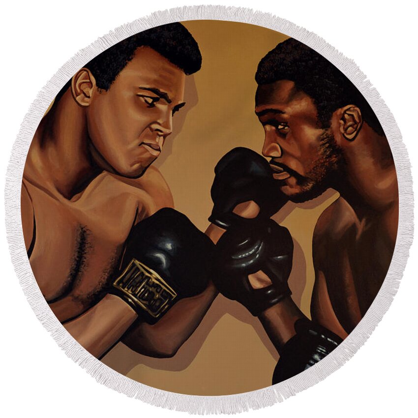Mohammed Ali Versus Joe Frazier Round Beach Towel featuring the painting Muhammad Ali and Joe Frazier by Paul Meijering