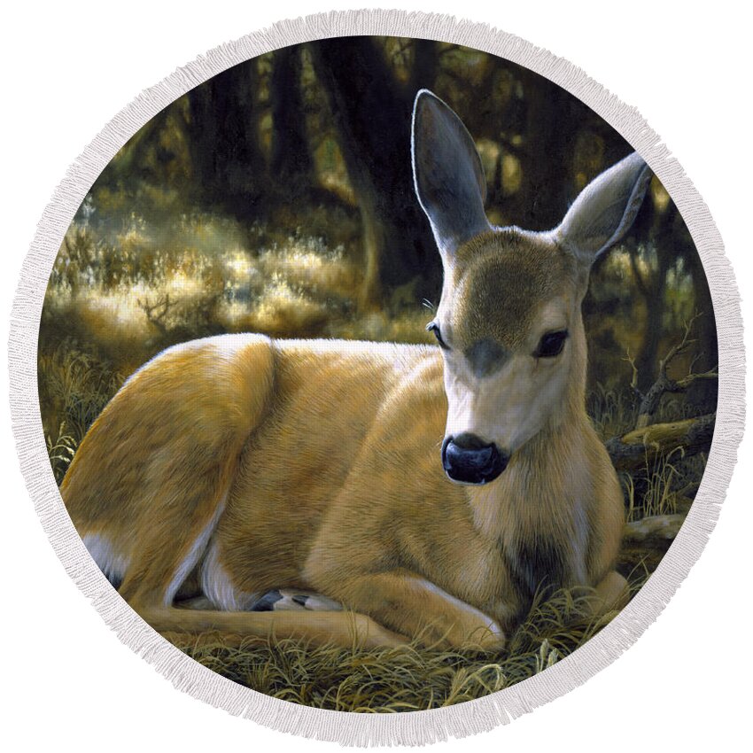 Deer Round Beach Towel featuring the painting Mule Deer Fawn - A Quiet Place by Crista Forest