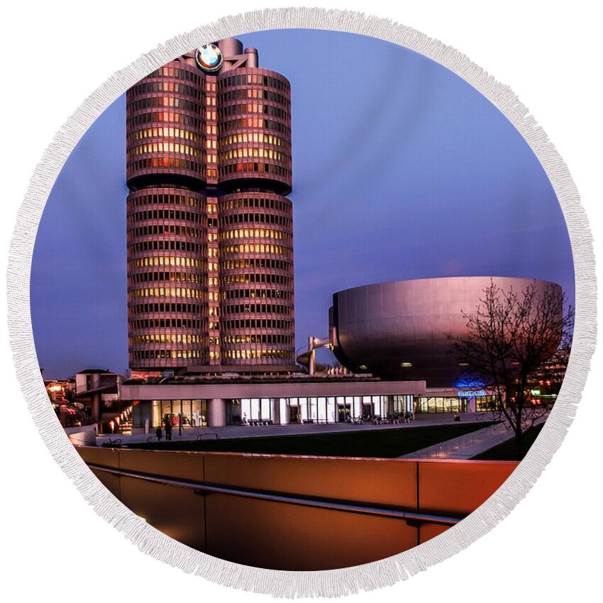 Architecture Round Beach Towel featuring the photograph munich - BMW office - vintage by Hannes Cmarits