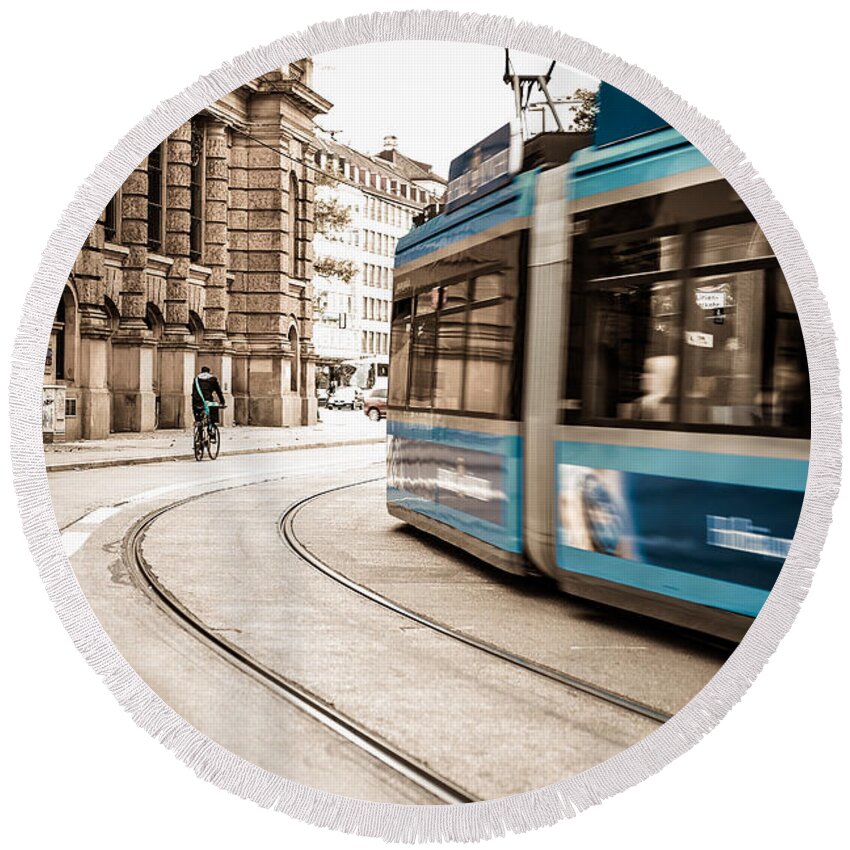 Ancient Round Beach Towel featuring the photograph Munich city traffic by Hannes Cmarits