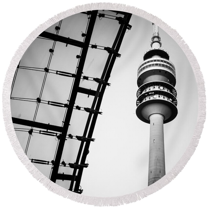 Architecture Round Beach Towel featuring the photograph Munich - Olympiaturm And The Roof - Bw by Hannes Cmarits