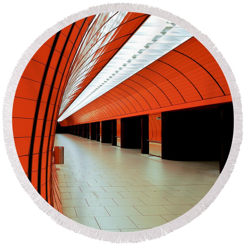 Orange Round Beach Towel featuring the photograph Munich subway I by Hannes Cmarits