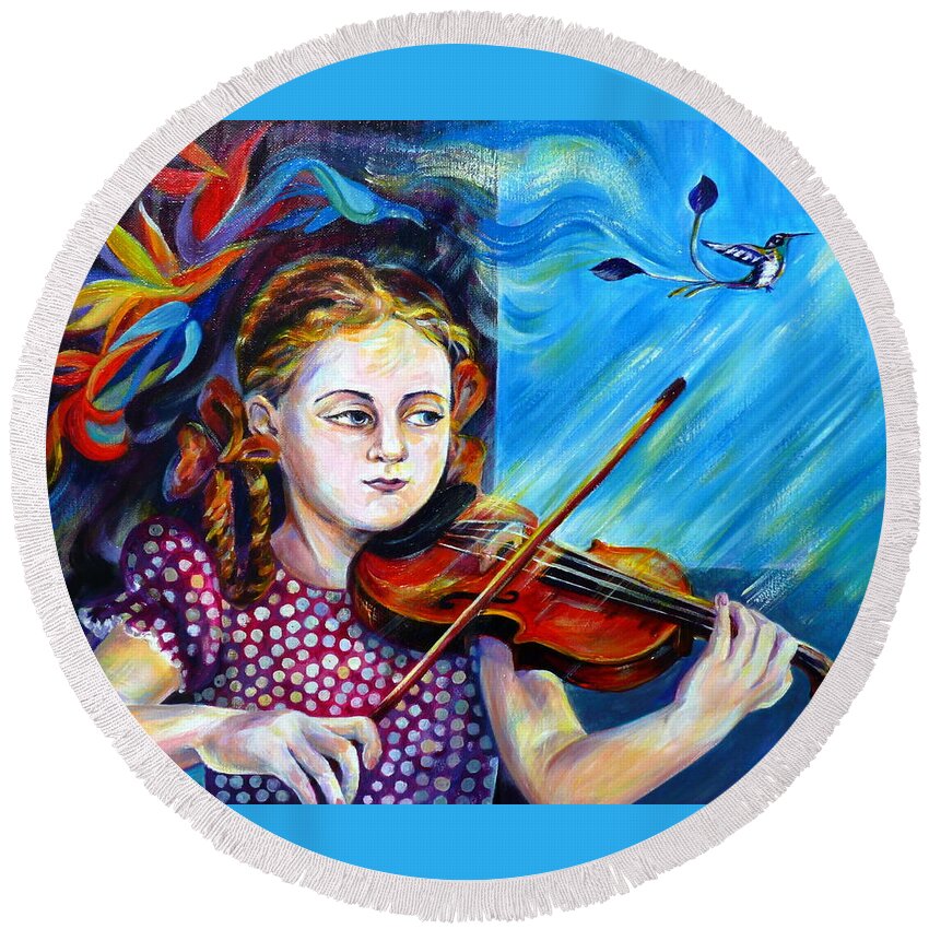 Music Round Beach Towel featuring the painting Music Lessons by Anna Duyunova