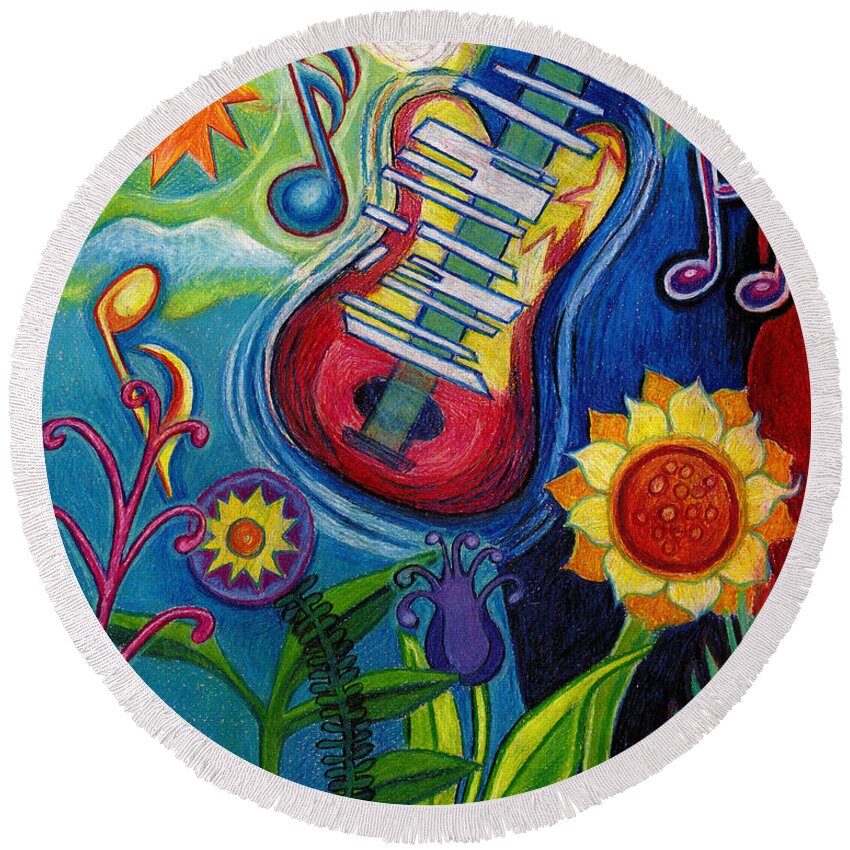 Music Round Beach Towel featuring the drawing Music On Flowers by Genevieve Esson