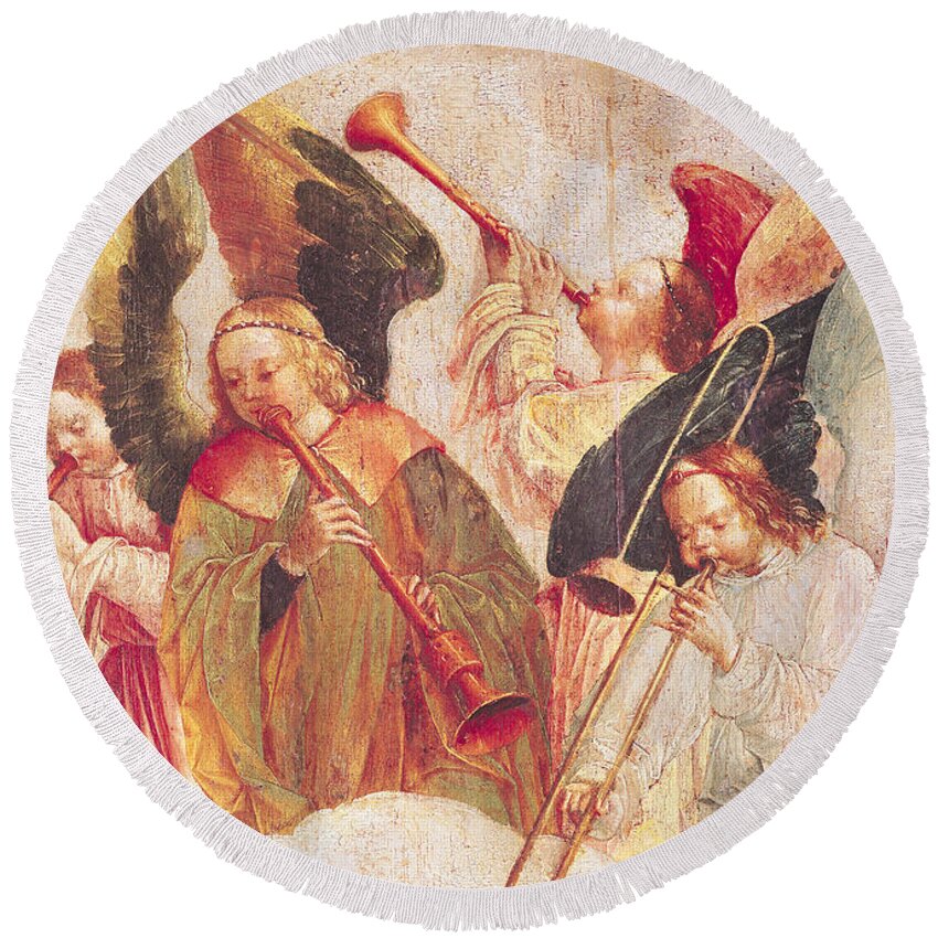 Angel Round Beach Towel featuring the painting Musical Angels, Detail From The Assumption Of The Virgin by Taborda Vlame Frey Carlos