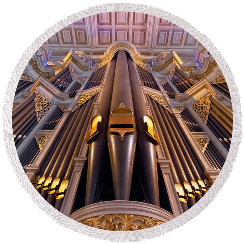 Pipe Organ Round Beach Towel featuring the photograph Musical aspirations by Jenny Setchell