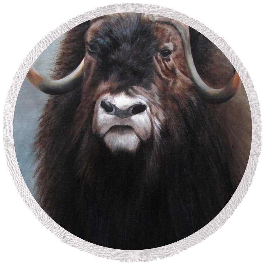 Musk Ox Round Beach Towel featuring the painting Musk Ox by Tammy Taylor