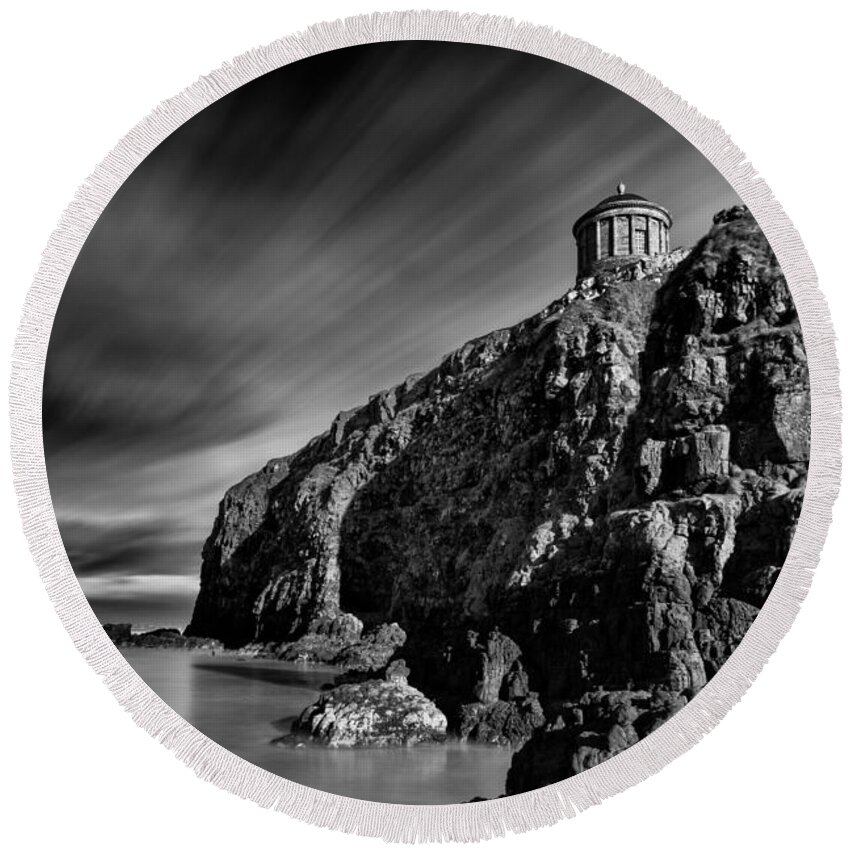 Mussenden Temple Round Beach Towel featuring the photograph Mussenden Temple and Sea Stack by Nigel R Bell