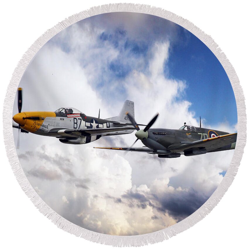 P51d Round Beach Towel featuring the digital art Mustang and Spitfire by Airpower Art