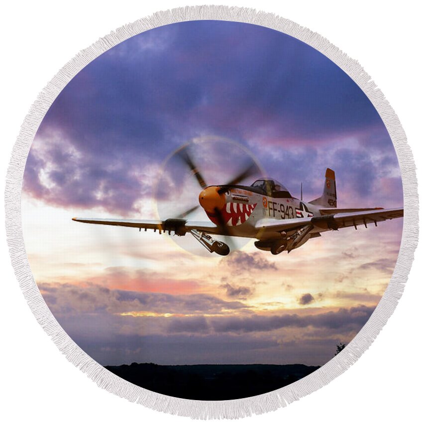 P-51 Mustang Round Beach Towel featuring the digital art Mustang Scramble by Airpower Art