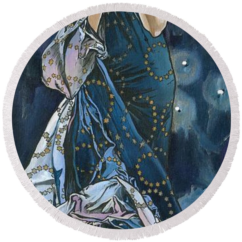 1902 Round Beach Towel featuring the painting My Acrylic Painting As An Interpretation Of The Famous Artwork Of Alphonse Mucha - Moon - by Elena Daniel Yakubovich
