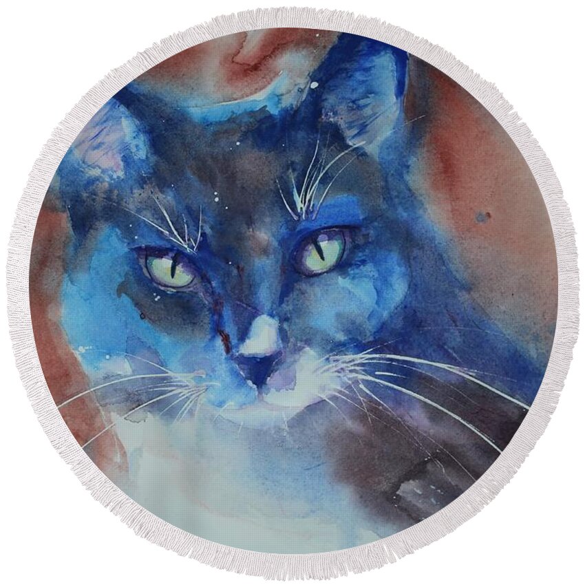 Cat Round Beach Towel featuring the painting My Cat Spook by Ruth Kamenev