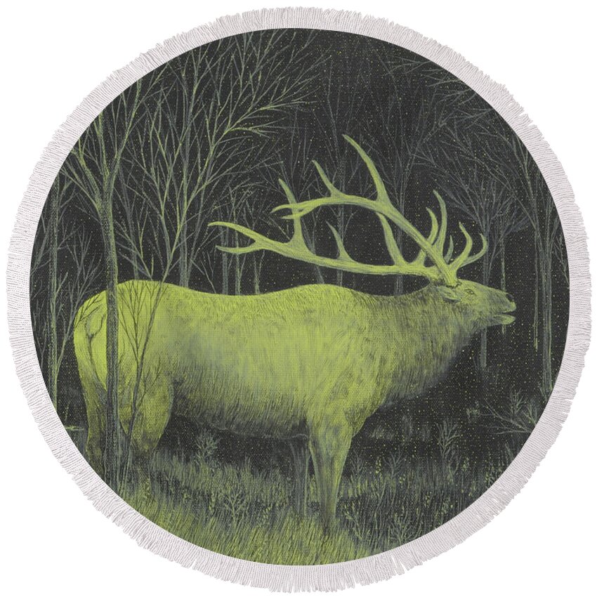 Night Vision Round Beach Towel featuring the painting My First Elk by Doug Miller