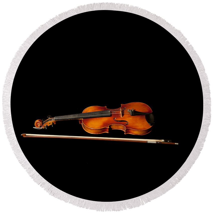 Violin Round Beach Towel featuring the photograph My old fiddle and bow by Torbjorn Swenelius