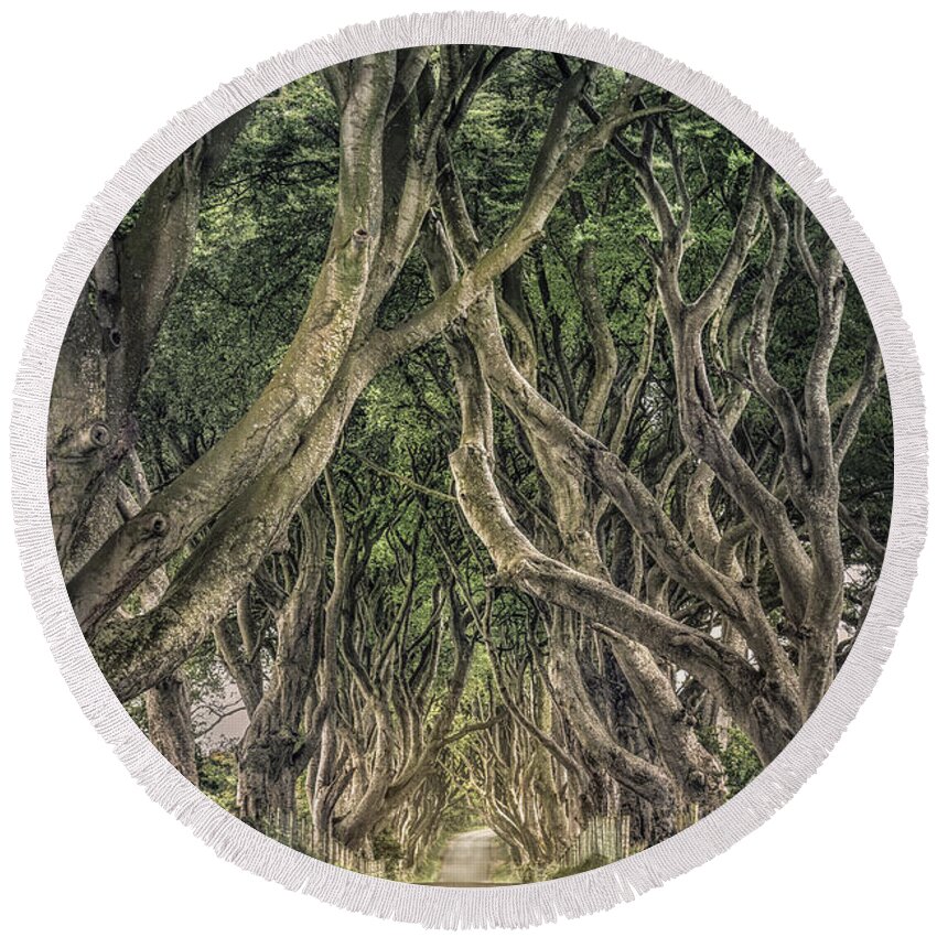 Dark Hedges; Hedges; Ireland; Northern Ireland; Britain; Road; Dark; Tree; Trees; Stick; Brunch; Leaves; Green; Passage; Way; Corridor; Tunnel; Mood; Moody; Mystic; Mystical; Mystery; Mysterious; Country; Countryside; Rural; Nature; Landscape; Kremsdorf; Evelina Kremsdorf Round Beach Towel featuring the photograph Mysterious Ways by Evelina Kremsdorf