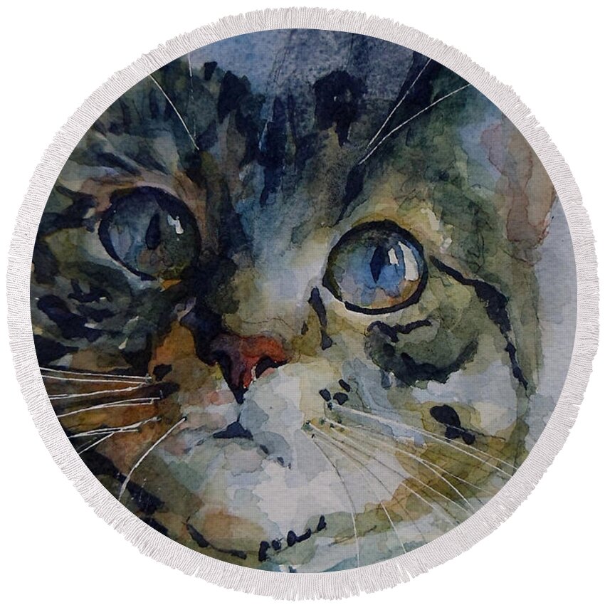 Tabby Round Beach Towel featuring the painting Mystery Tabby by Paul Lovering