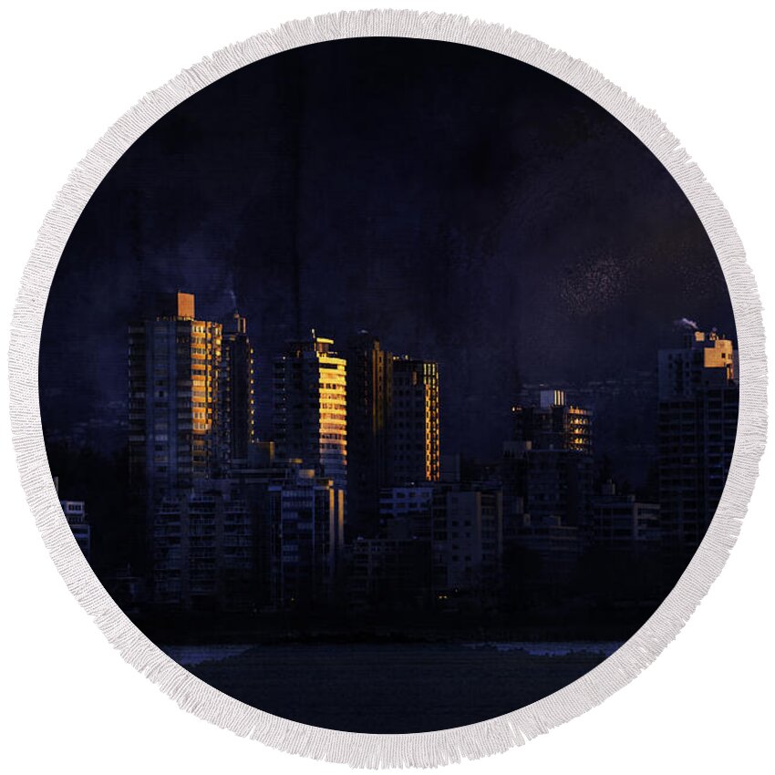 Kitsilano Beach Round Beach Towel featuring the mixed media Mystic orange glowing sunrise on Vancouver  by Peter V Quenter