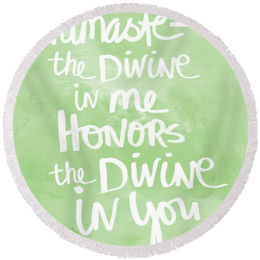Namaste Round Beach Towel featuring the painting Namaste green and white by Linda Woods
