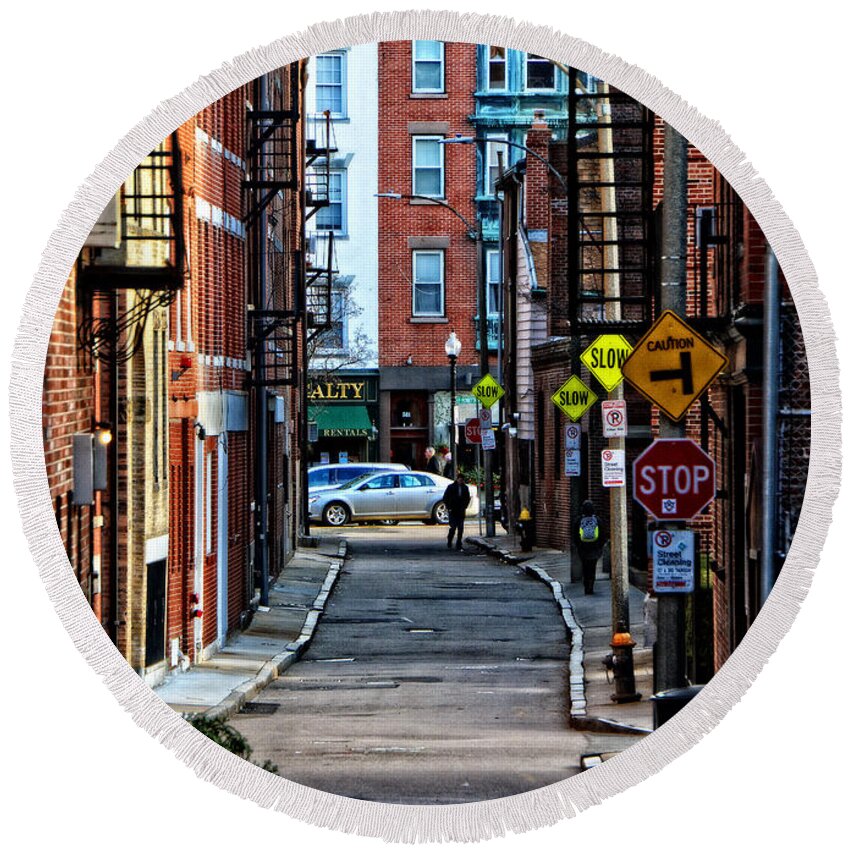 Street Round Beach Towel featuring the photograph Narrow North End Street by Mike Martin