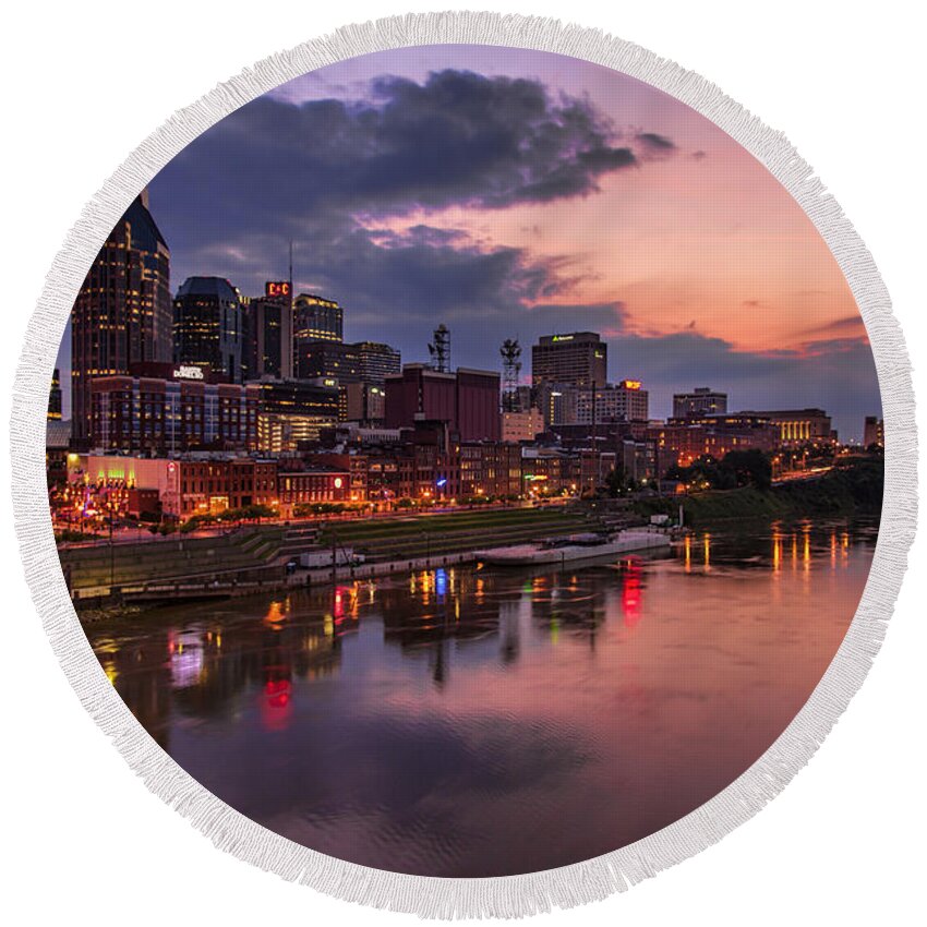 Neon Round Beach Towel featuring the photograph Nashville Evening by Diana Powell